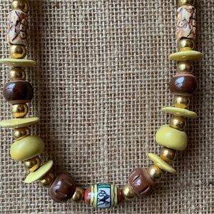 Tribal Boho Necklace Wood Ceramic African Ethnic Brass Painted Porcelain Bead 26